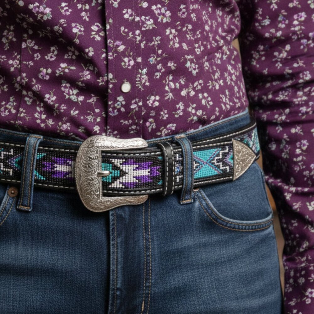 RANGER BELT CO. belt western "Aztec" native beaded & "tooled" leather - 34"